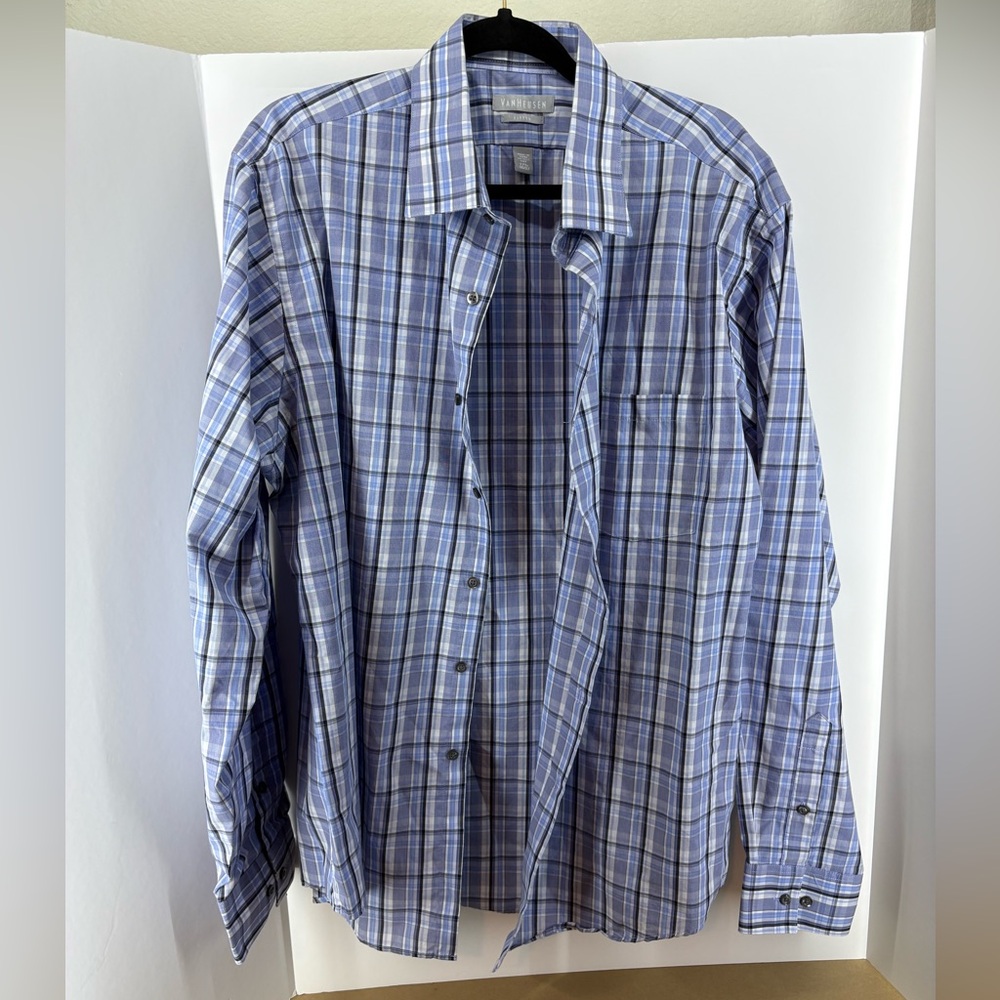Van Heusen Blue/White/Navy Plaid Dress Shirt, Men's Size 17 1/2 36/37, Fitted,